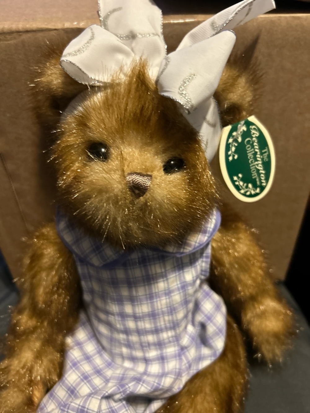 Bearington Collection Bear Plush ‘Sandra’ in Lavender Plaid Dress